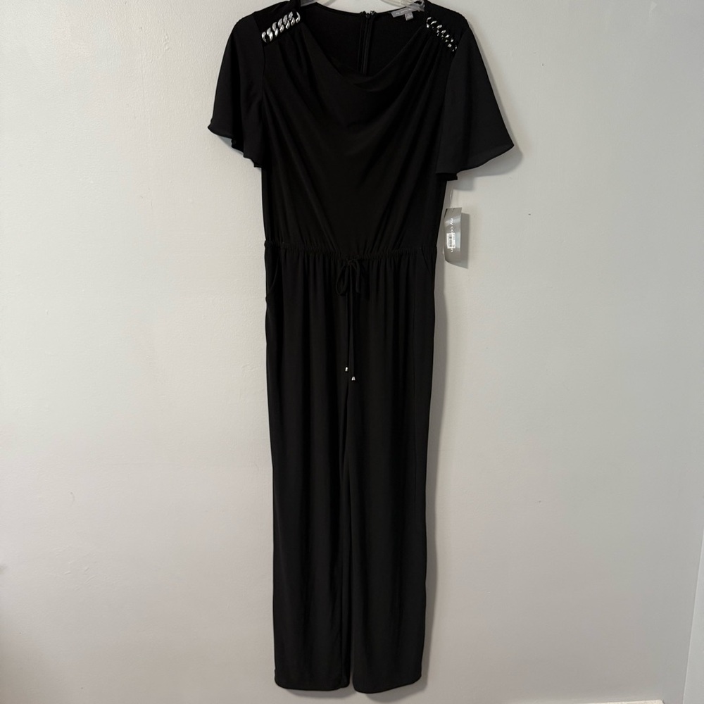 Black Women's Short-Sleeve Jumpsuit with Shoulder Embellishment